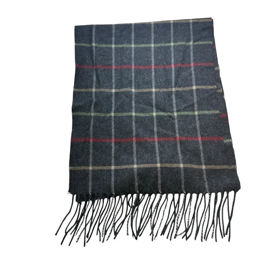 Jos. A. Bank 100% cashmere tartan grey plaid fringe scarf